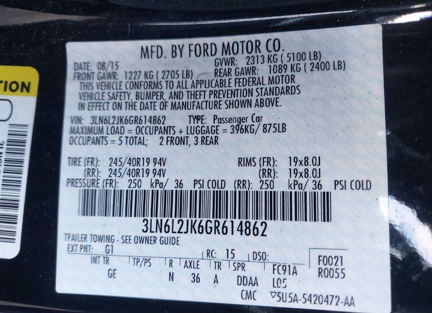 Photo 9 of 2016 Lincoln Mkz (VIN 3LN6L2JK6GR614862)