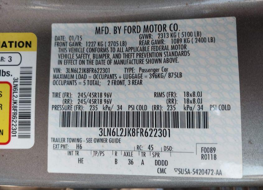 Photo 9 of 2015 Lincoln Mkz (VIN 3LN6L2JK8FR622301)