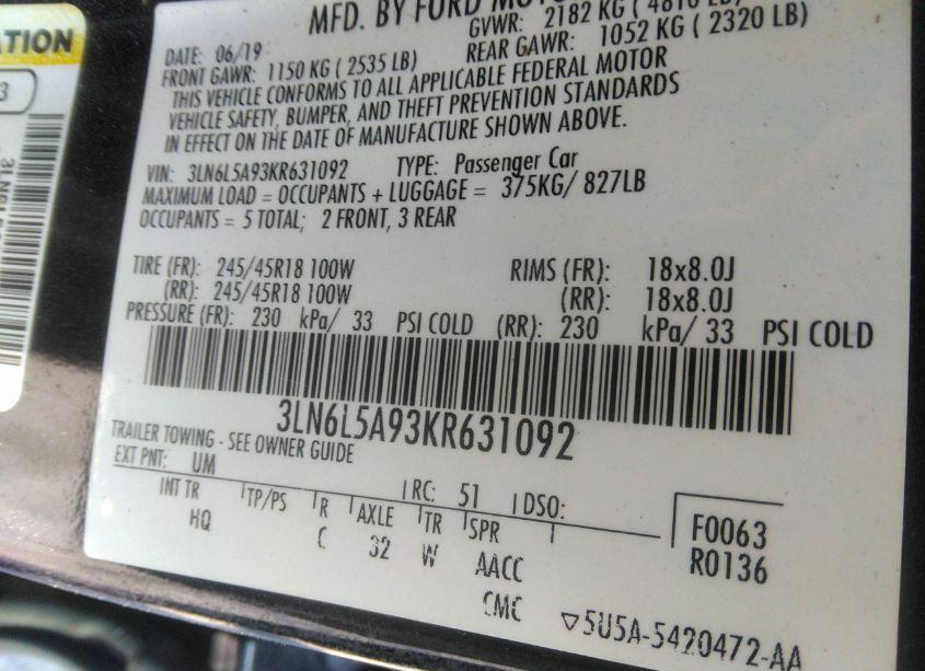 Photo 9 of 2019 Lincoln Mkz STANDARD (VIN 3LN6L5A93KR631092)