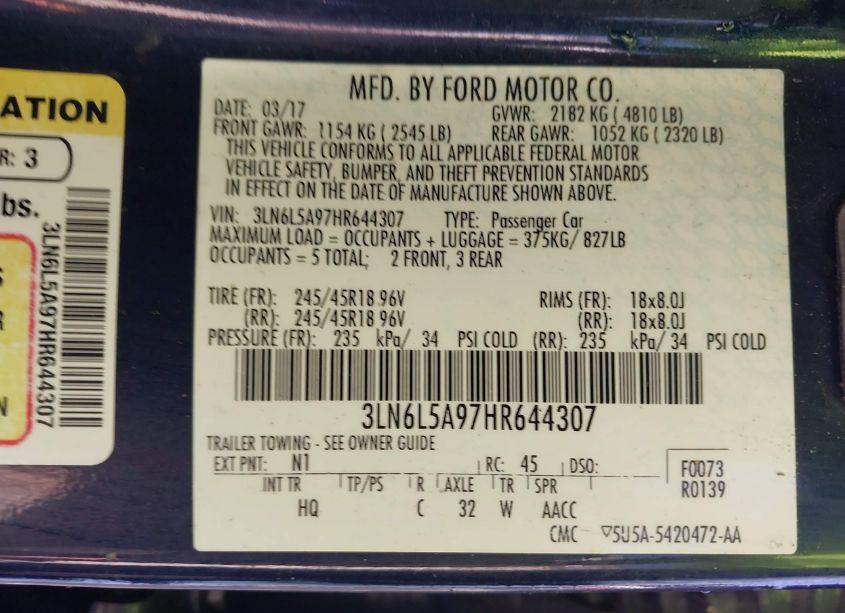 Photo 9 of 2017 Lincoln Mkz PREMIERE (VIN 3LN6L5A97HR644307)