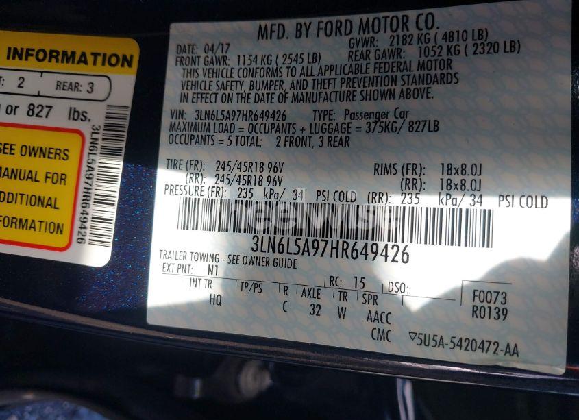 Photo 9 of 2017 Lincoln Mkz PREMIERE (VIN 3LN6L5A97HR649426)