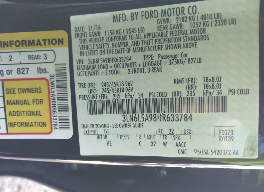 Photo 9 of 2017 Lincoln Mkz PREMIERE (VIN 3LN6L5A98HR633784)