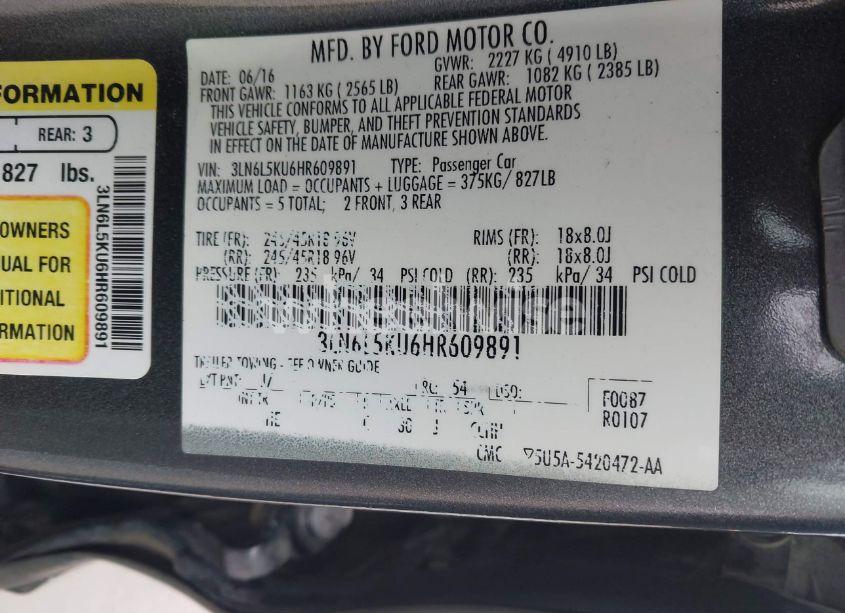 Photo 9 of 2017 Lincoln Mkz HYBRID PREMIERE (VIN 3LN6L5KU6HR609891)