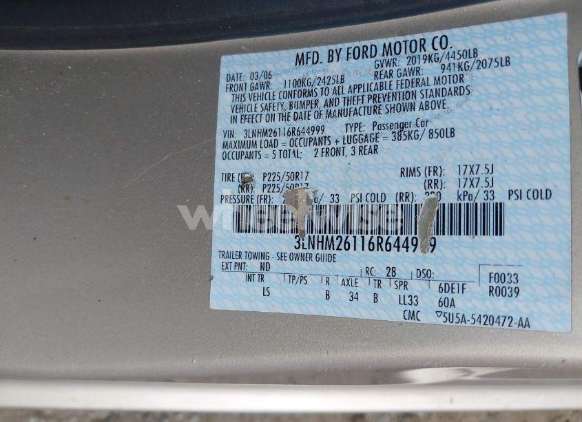 Photo 9 of 2006 Lincoln Zephyr (VIN 3LNHM26116R644999)