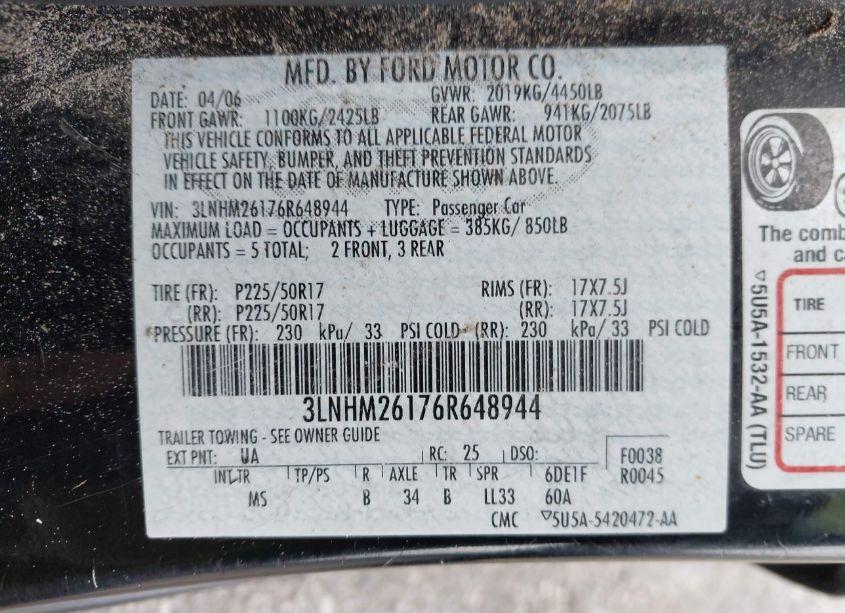 Photo 9 of 2006 Lincoln Zephyr (VIN 3LNHM26176R648944)