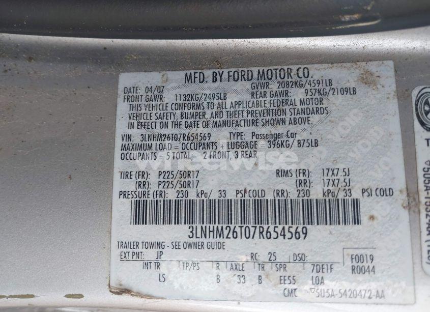 Photo 9 of 2007 Lincoln Mkz (VIN 3LNHM26T07R654569)