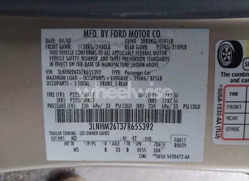 Photo 9 of 2007 Lincoln Mkz (VIN 3LNHM26T37R655392)