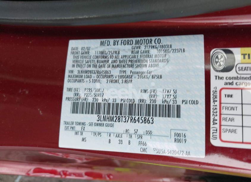 Photo 9 of 2007 Lincoln Mkz (VIN 3LNHM28T37R645863)