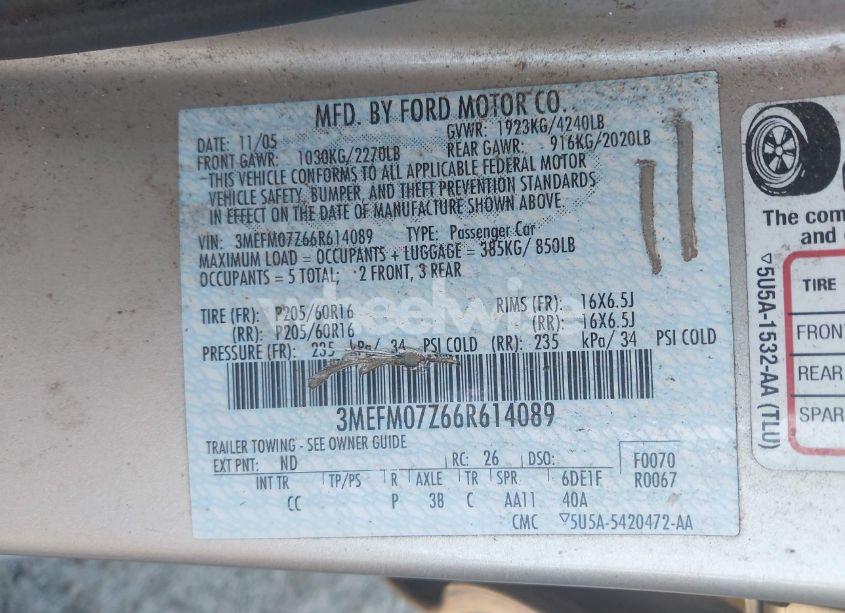 Photo 9 of 2006 Mercury Milan I4 (VIN 3MEFM07Z66R614089)