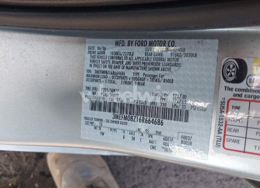 Photo 9 of 2006 Mercury Milan I4 PREMIER (VIN 3MEFM08Z16R664686)