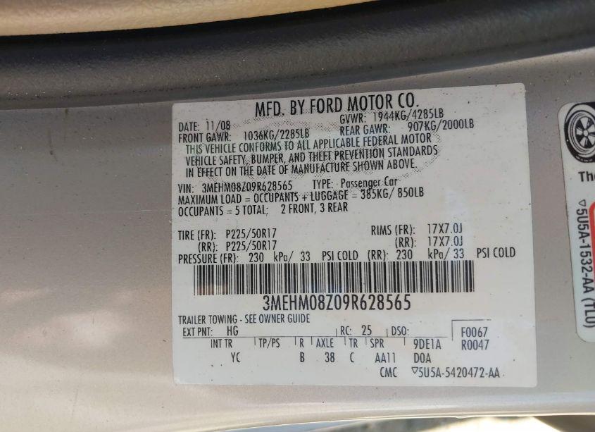 Photo 9 of 2009 Mercury Milan I4 PREMIER (VIN 3MEHM08Z09R628565)