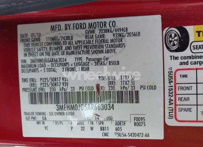 Photo 9 of 2010 Mercury Milan PREMIER (VIN 3MEHM0JG5AR663034)