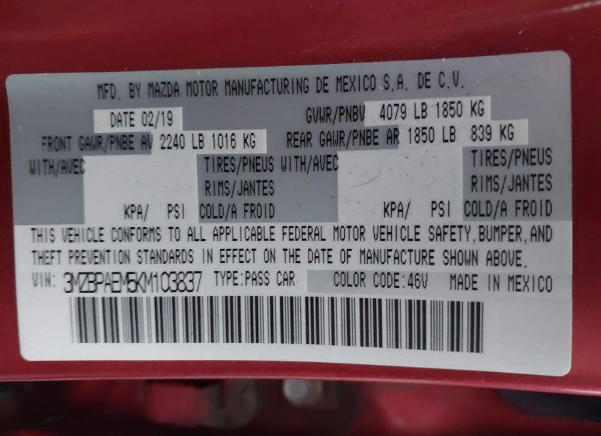 Photo 9 of 2019 Mazda Mazda3 PREMIUM PACKAGE (VIN 3MZBPAEM5KM103837)