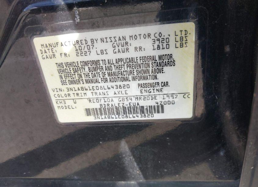 Photo 9 of 2008 Nissan Sentra 2.0S (VIN 3N1AB61E08L643820)