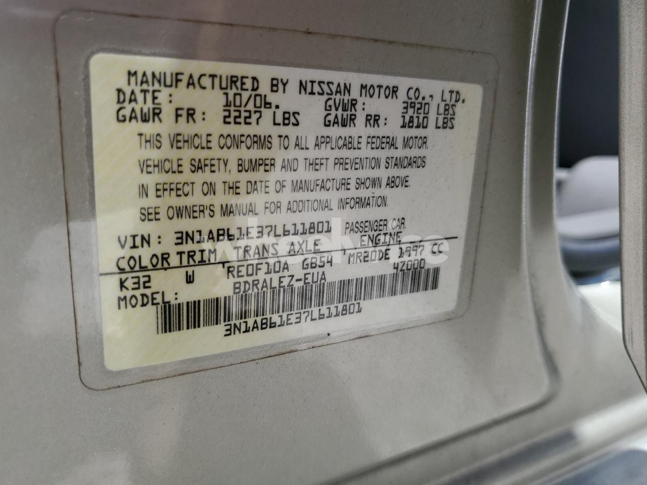 Photo 13 of 2007 NISSAN SENTRA 2.0 (VIN 3N1AB61E37L611801)