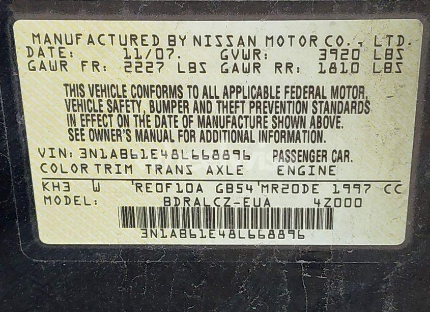 Photo 9 of 2008 Nissan Sentra 2.0 (VIN 3N1AB61E48L668896)