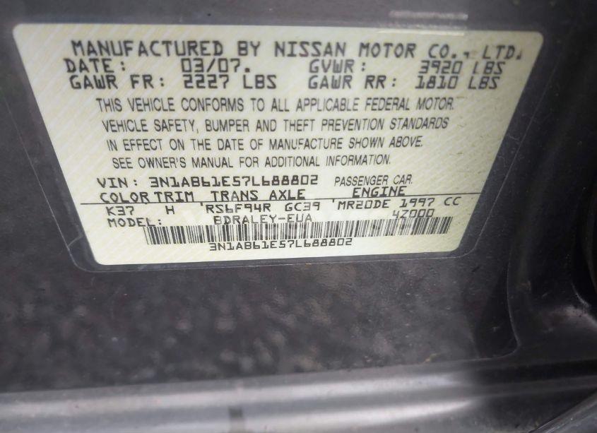 Photo 9 of 2007 Nissan Sentra 2.0S (VIN 3N1AB61E57L688802)