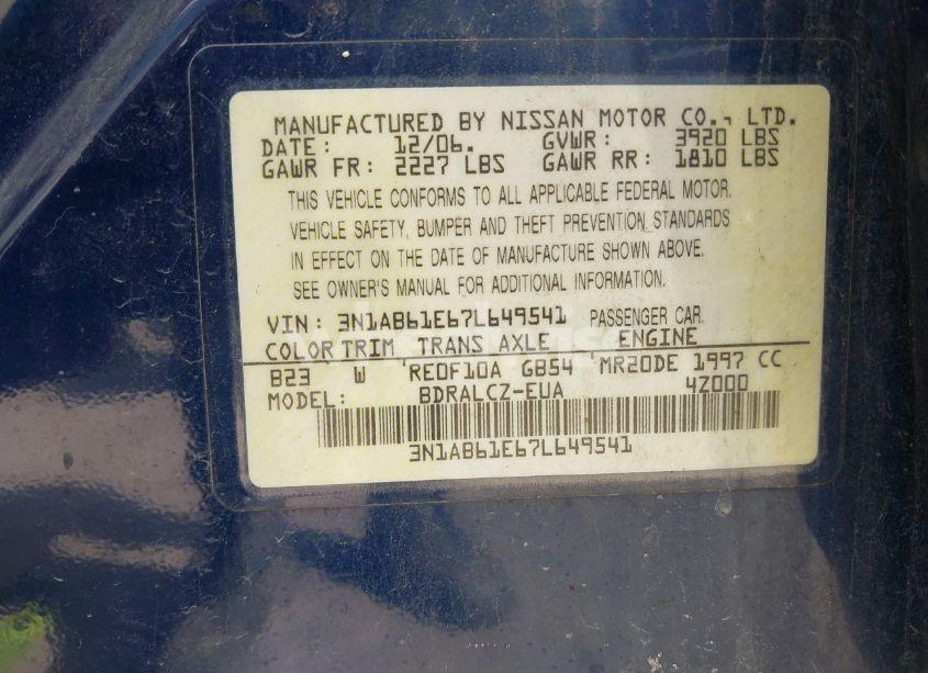 Photo 9 of 2007 Nissan Sentra 2.0 (VIN 3N1AB61E67L649541)
