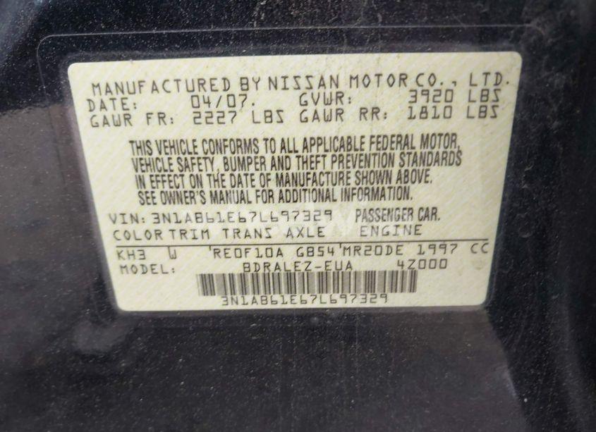 Photo 9 of 2007 Nissan Sentra 2.0S (VIN 3N1AB61E67L697329)