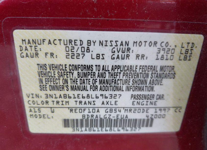 Photo 9 of 2008 Nissan Sentra 2.0SL (VIN 3N1AB61E68L696327)