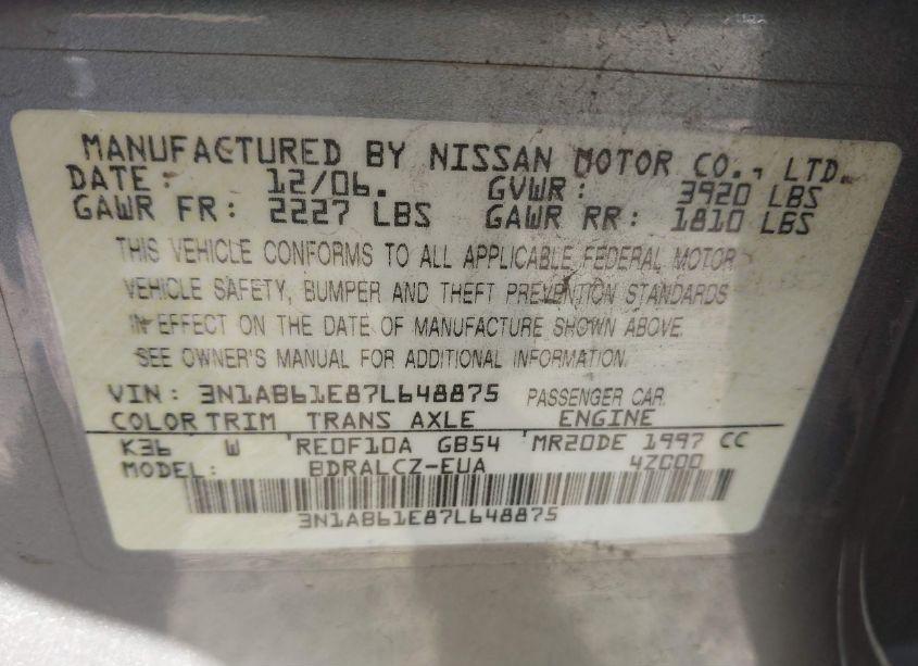 Photo 9 of 2007 Nissan Sentra 2.0 (VIN 3N1AB61E87L648875)