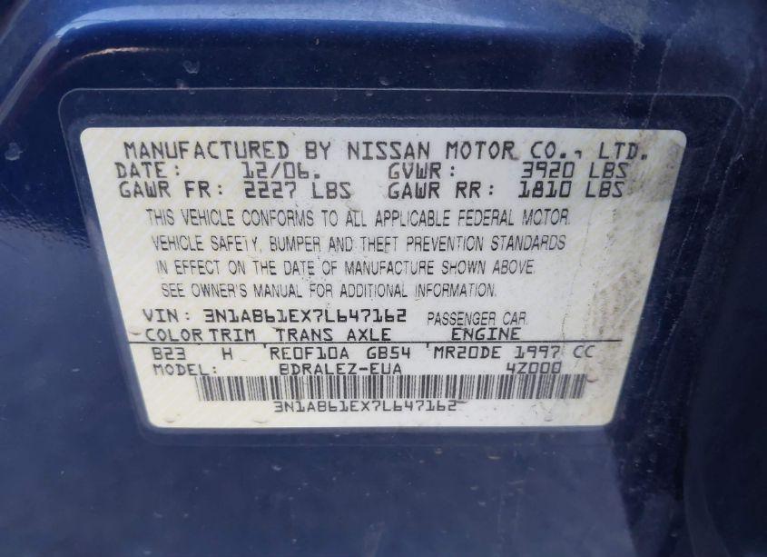 Photo 9 of 2007 Nissan Sentra 2.0S (VIN 3N1AB61EX7L647162)