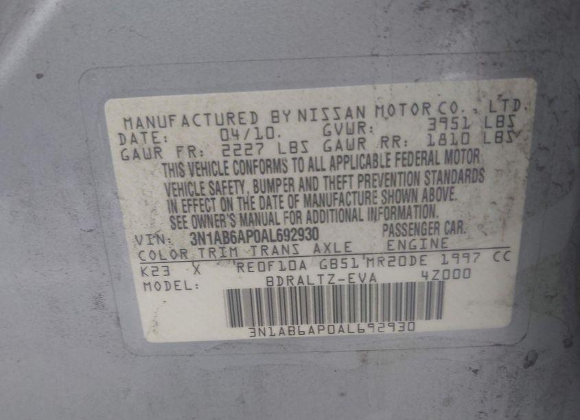 Photo 9 of 2010 Nissan Sentra 2.0S (VIN 3N1AB6AP0AL692930)