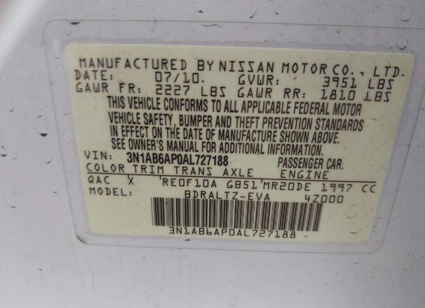 Photo 9 of 2010 Nissan Sentra 2.0SR (VIN 3N1AB6AP0AL727188)