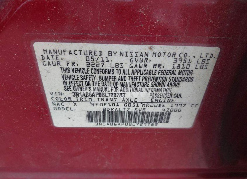 Photo 9 of 2011 Nissan Sentra 2.0S (VIN 3N1AB6AP0BL729783)