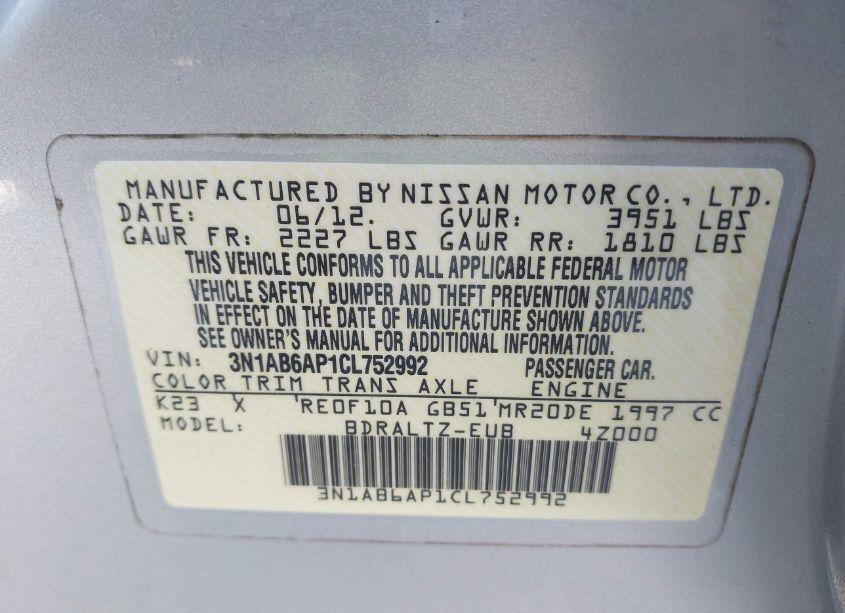 Photo 9 of 2012 Nissan Sentra 2.0 S (VIN 3N1AB6AP1CL752992)