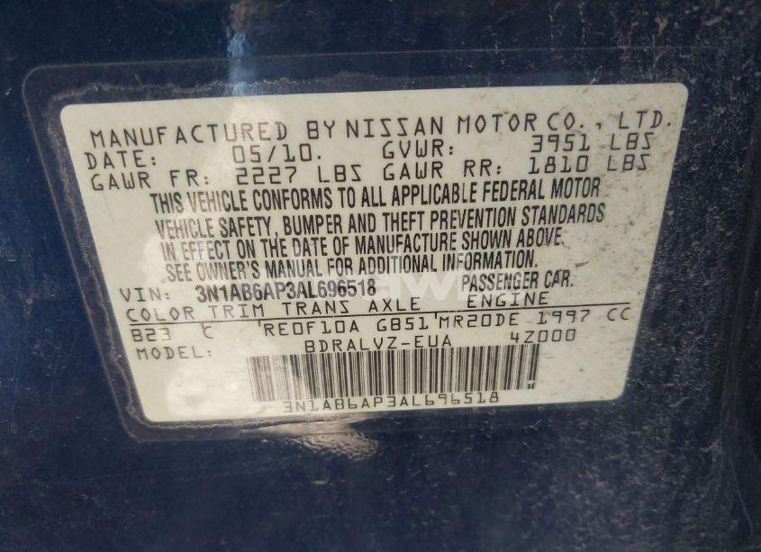 Photo 9 of 2010 Nissan Sentra 2.0SL (VIN 3N1AB6AP3AL696518)