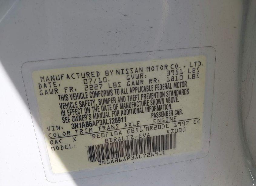 Photo 9 of 2010 Nissan Sentra 2.0SR (VIN 3N1AB6AP3AL726911)