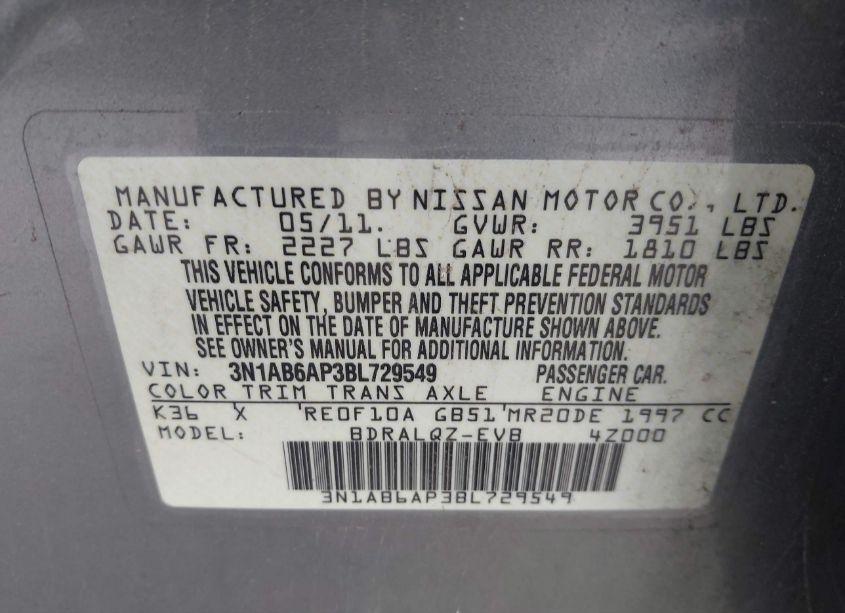 Photo 9 of 2011 Nissan Sentra 2.0/2.0S/SR/2.0SL (VIN 3N1AB6AP3BL729549)