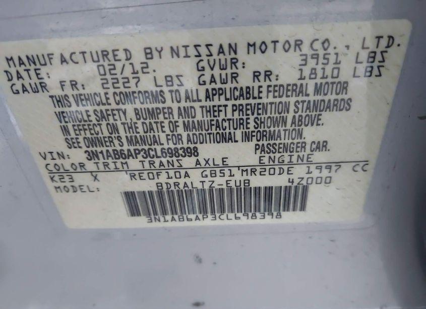 Photo 5 of 2012 Nissan Sentra 2.0 S (VIN 3N1AB6AP3CL698398)