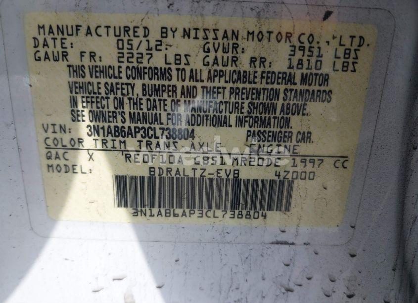 Photo 9 of 2012 Nissan Sentra 2.0 S (VIN 3N1AB6AP3CL738804)