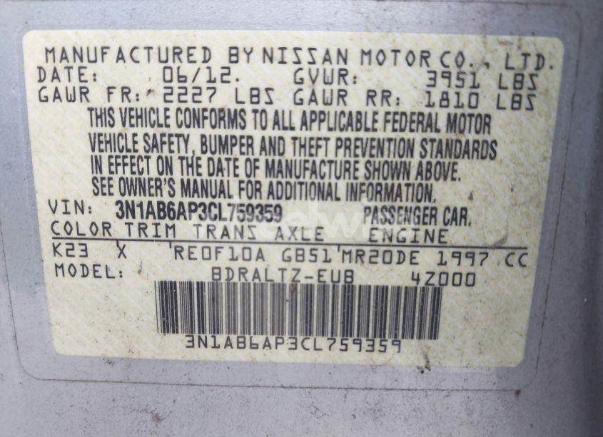 Photo 9 of 2012 Nissan Sentra 2.0 S (VIN 3N1AB6AP3CL759359)