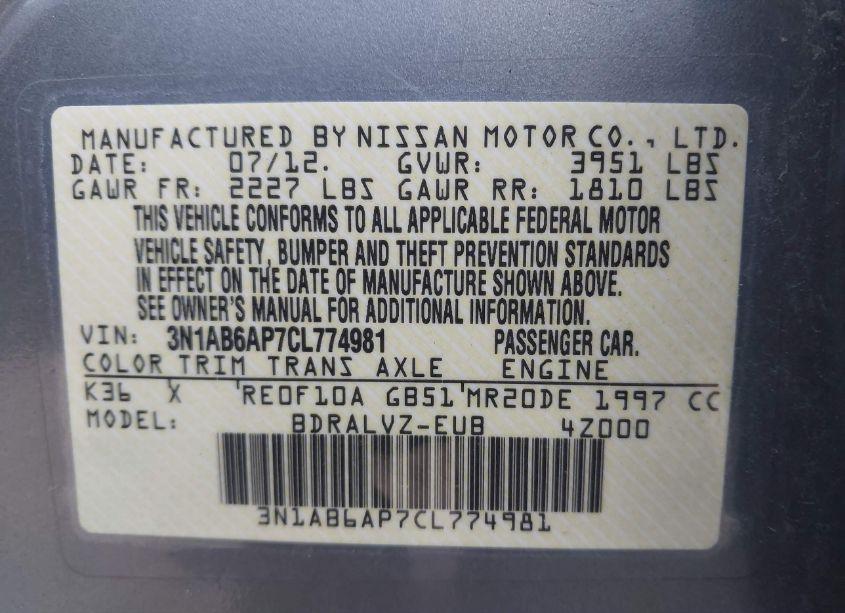 Photo 9 of 2012 Nissan Sentra 2.0 SL (VIN 3N1AB6AP7CL774981)