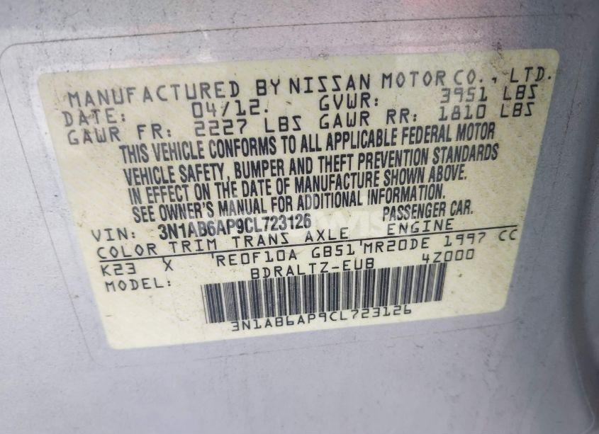 Photo 9 of 2012 Nissan Sentra 2.0 S (VIN 3N1AB6AP9CL723126)