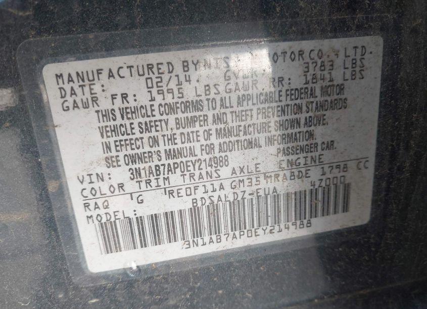 Photo 9 of 2014 Nissan Sentra FE+ S/FE+ SV/S/SL/SR/SV (VIN 3N1AB7AP0EY214988)