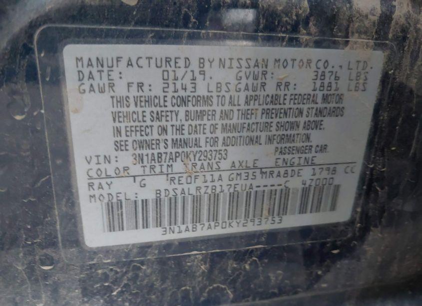 Photo 9 of 2019 Nissan Sentra S/SV/SR/SL (VIN 3N1AB7AP0KY293753)