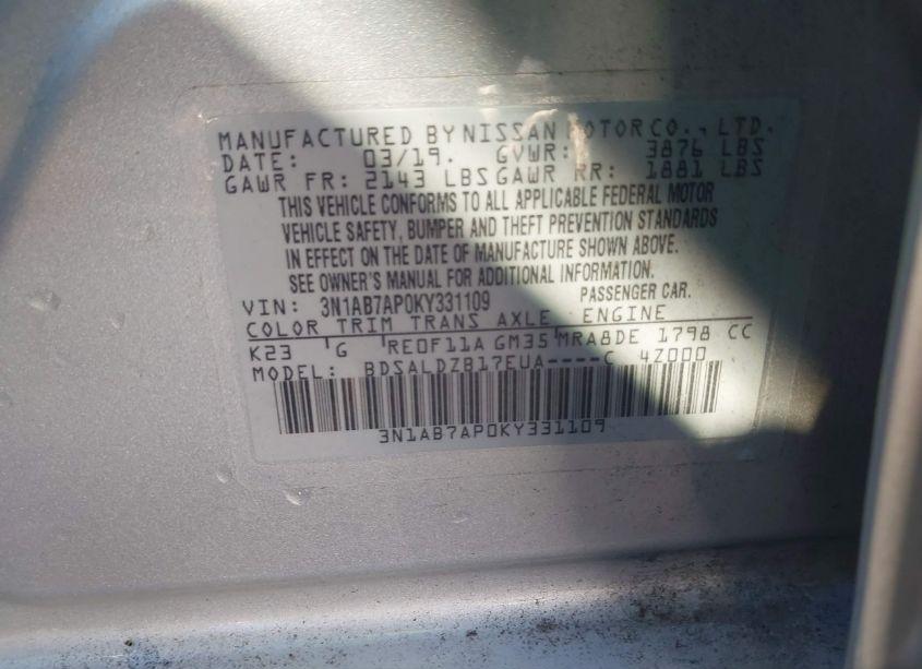 Photo 9 of 2019 Nissan Sentra SV (VIN 3N1AB7AP0KY331109)