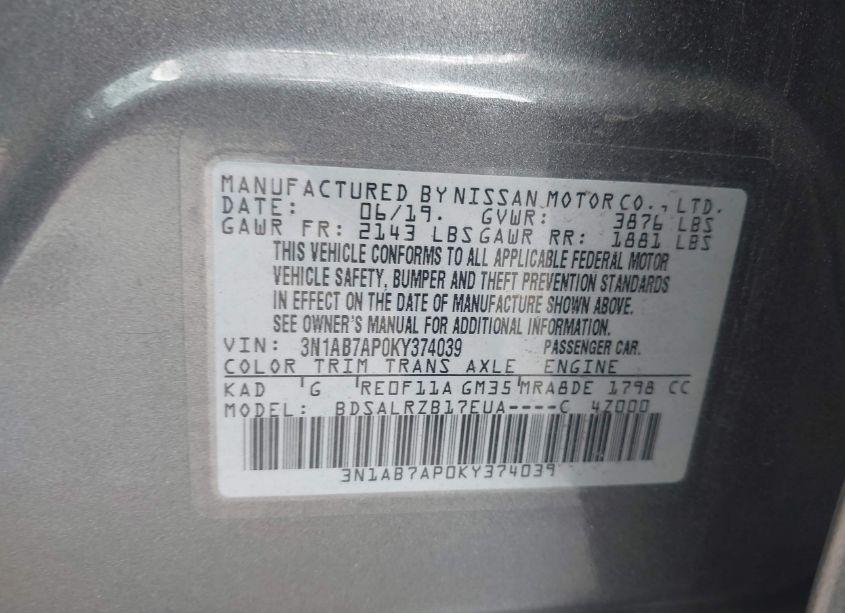 Photo 9 of 2019 Nissan Sentra SR (VIN 3N1AB7AP0KY374039)