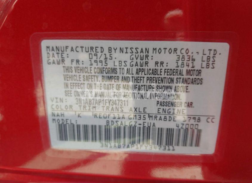 Photo 9 of 2015 Nissan Sentra FE+ S/S/SL/SR/SV (VIN 3N1AB7AP1FY347311)