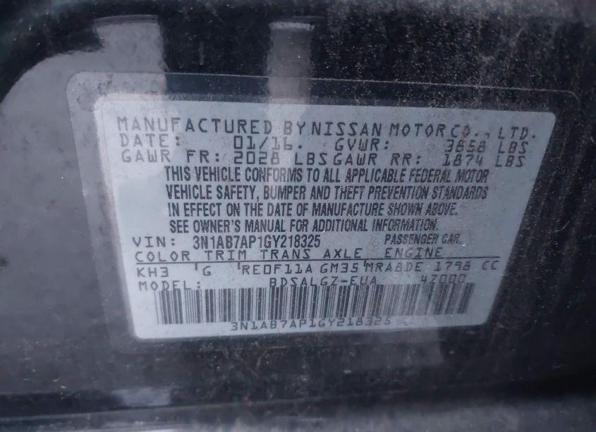 Photo 9 of 2016 Nissan Sentra SL (VIN 3N1AB7AP1GY218325)