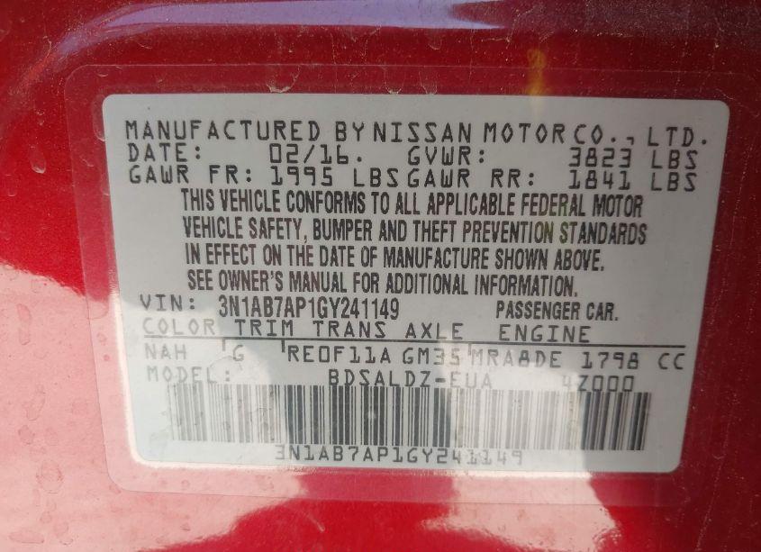 Photo 9 of 2016 Nissan Sentra SV (VIN 3N1AB7AP1GY241149)