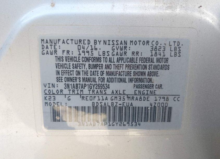 Photo 9 of 2016 Nissan Sentra S (VIN 3N1AB7AP1GY269534)