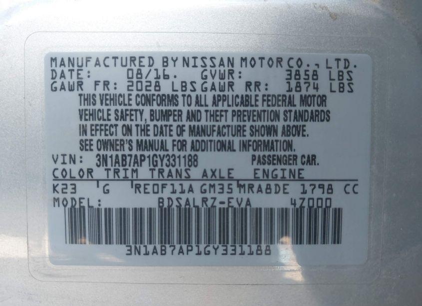 Photo 9 of 2016 Nissan Sentra SR (VIN 3N1AB7AP1GY331188)