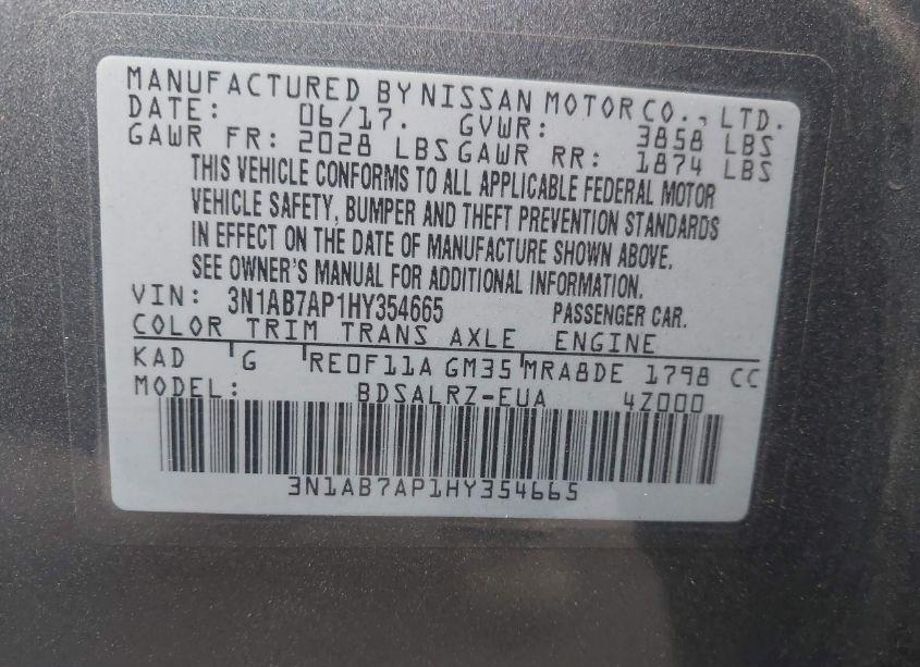 Photo 9 of 2017 Nissan Sentra SR (VIN 3N1AB7AP1HY354665)