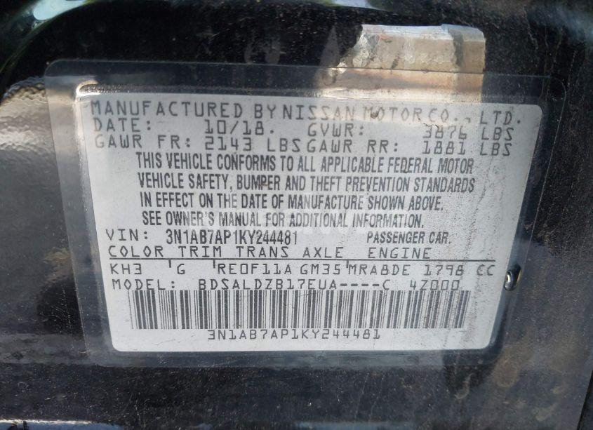 Photo 9 of 2019 Nissan Sentra SV (VIN 3N1AB7AP1KY244481)