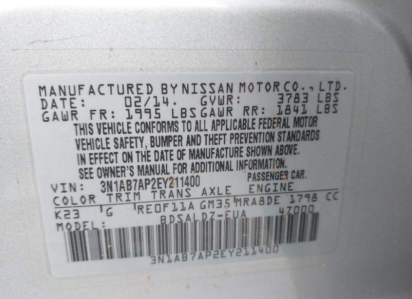 Photo 9 of 2014 Nissan Sentra FE+ S/FE+ SV/S/SL/SR/SV (VIN 3N1AB7AP2EY211400)